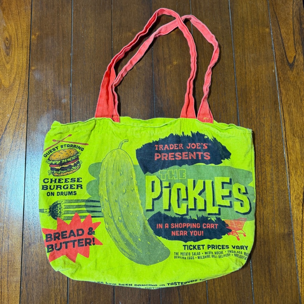 Trader Joe's Tote Bag Unisex OS Green The Pickles Graphic Canvas Grocery Bag